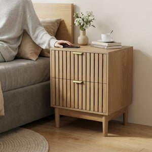 English Elm Mid-Modern Oak Grille Nightstand Set of Two with Black Metal Hardware for Bedroom W1706P567324