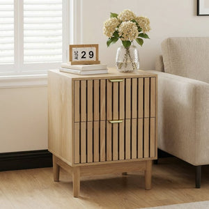 English Elm Mid-Modern Oak Grille Nightstand Set of Two with Black Metal Hardware for Bedroom W1706P567324