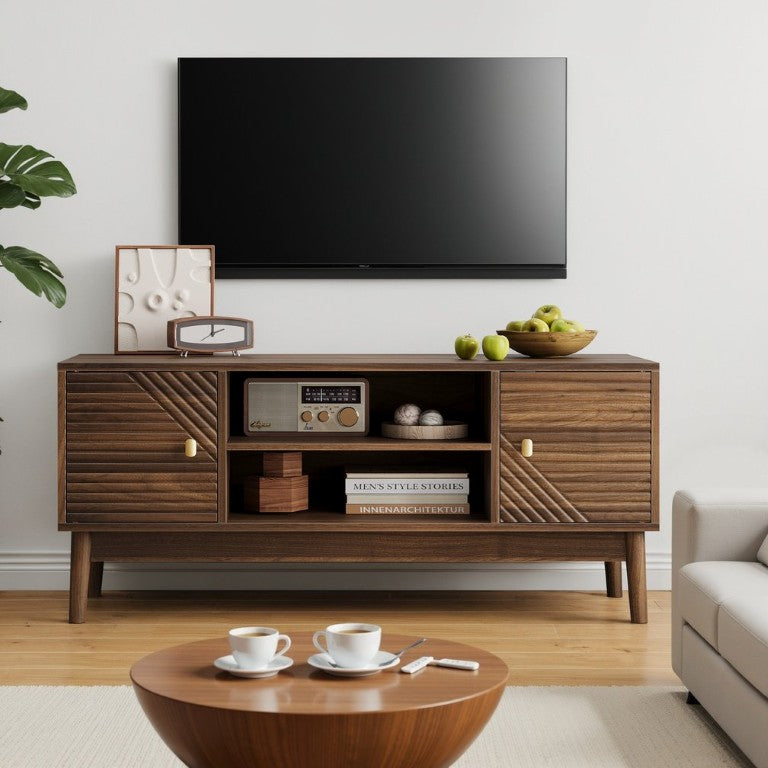 English Elm 43.31 Inch Mid-Century Media Console with Grille Doors Walnut Tapered Leg TV Stand W1706P574107