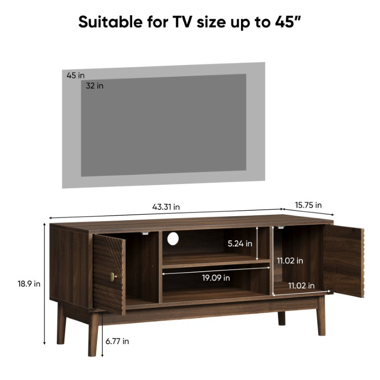 English Elm 43.31 Inch Mid-Century Media Console with Grille Doors Walnut Tapered Leg TV Stand W1706P574107