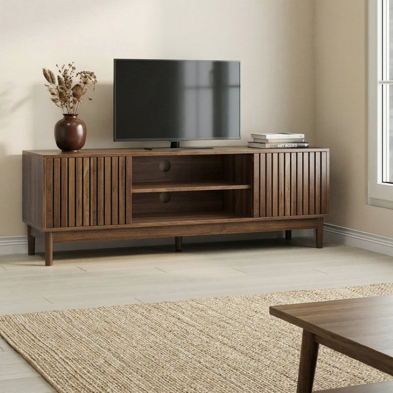 English Elm 55-Inch Low Media Console with Louvered Doors and Slat Front for Living Room Walnut W1706P574109