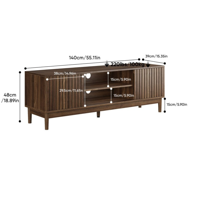 English Elm 55-Inch Low Media Console with Louvered Doors and Slat Front for Living Room Walnut W1706P574109