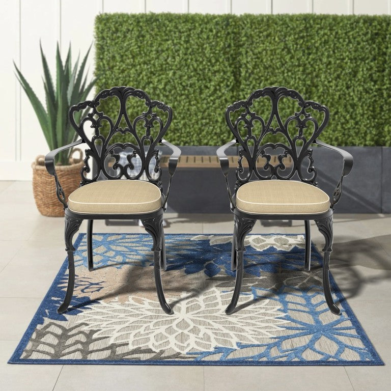 English Elm Cast Aluminum Patio Armchairs Set of 2 with Ornate Carved Frame and Weather Cushions W1710P575449