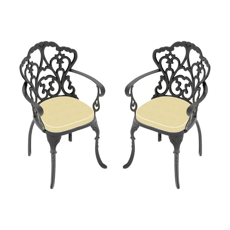 English Elm Cast Aluminum Patio Armchairs Set of 2 with Ornate Carved Frame and Weather Cushions W1710P575449