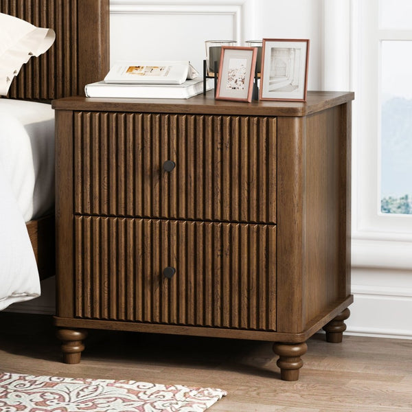 English Elm Fluted Nightstand Set of Two Mid Century Modern Bedside Tables with Three Drawers Walnut W1716P298935