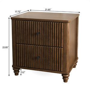 English Elm Fluted Nightstand Set of Two Mid Century Modern Bedside Tables with Three Drawers Walnut W1716P298935