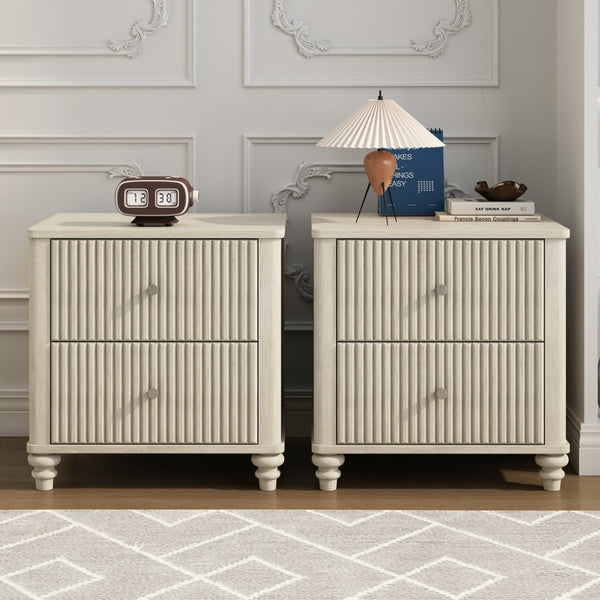 English Elm Fluted Nightstand Set of Two Mid Century Modern Bedside Tables with Three Drawers Beige W1716P298937