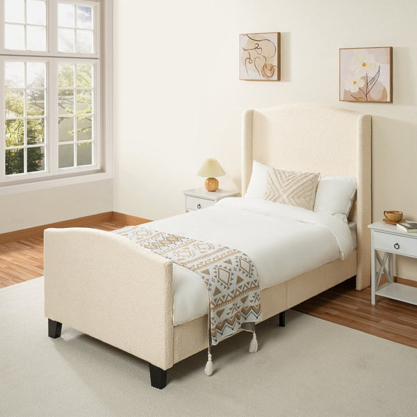 English Elm Twin Platform Bed Tall Teddy Velvet Headboard Plush Upholstered Frame No Box Spring W1716P335670
