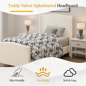 English Elm Twin Platform Bed Tall Teddy Velvet Headboard Plush Upholstered Frame No Box Spring W1716P335670