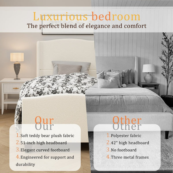 English Elm Twin Platform Bed Tall Teddy Velvet Headboard Plush Upholstered Frame No Box Spring W1716P335670