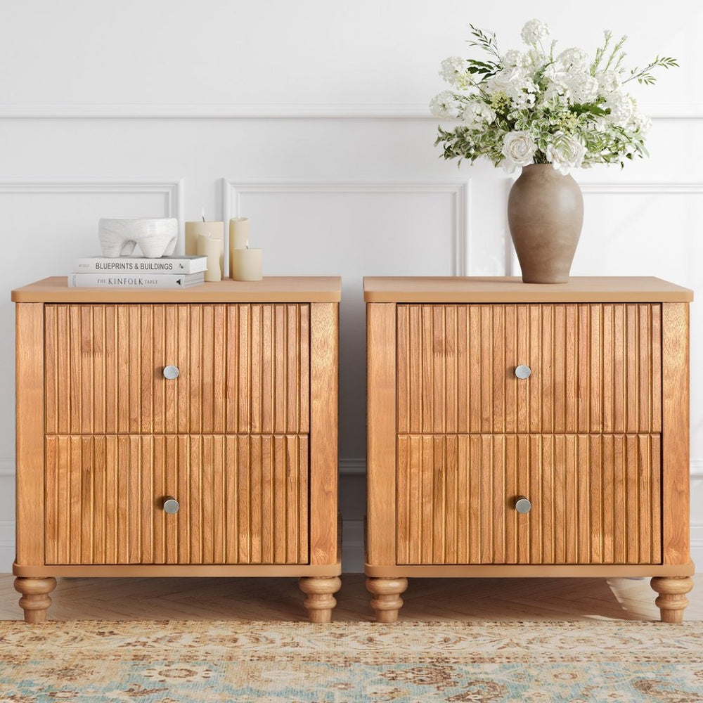 English Elm Fluted Nightstand Set of Two Mid Century Modern Bedside Tables with Three Drawers Natural W1716P409436