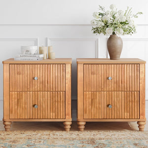 English Elm Fluted Nightstand Set of Two Mid Century Modern Bedside Tables with Three Drawers Natural W1716P409436