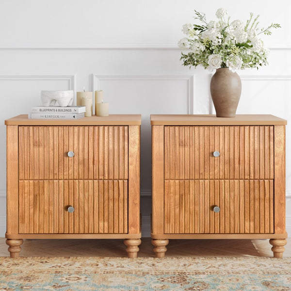 English Elm Fluted Nightstand Set of Two Mid Century Modern Bedside Tables with Three Drawers Natural W1716P409436
