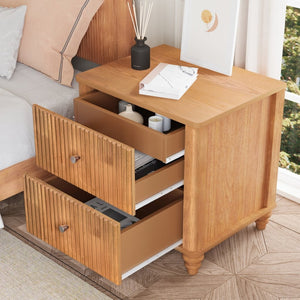 English Elm Fluted Nightstand Set of Two Mid Century Modern Bedside Tables with Three Drawers Natural W1716P409436
