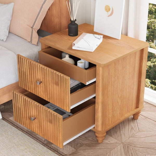 English Elm Fluted Nightstand Set of Two Mid Century Modern Bedside Tables with Three Drawers Natural W1716P409436