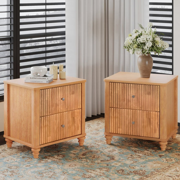 English Elm Fluted Nightstand Set of Two Mid Century Modern Bedside Tables with Three Drawers Natural W1716P409436