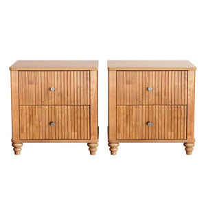 English Elm Fluted Nightstand Set of Two Mid Century Modern Bedside Tables with Three Drawers Natural W1716P409436