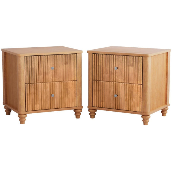 English Elm Fluted Nightstand Set of Two Mid Century Modern Bedside Tables with Three Drawers Natural W1716P409436