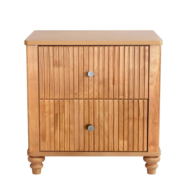 English Elm Fluted Nightstand Set of Two Mid Century Modern Bedside Tables with Three Drawers Natural W1716P409436
