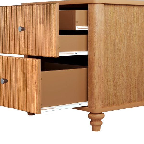 English Elm Fluted Nightstand Set of Two Mid Century Modern Bedside Tables with Three Drawers Natural W1716P409436