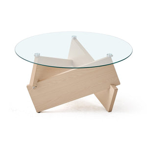English Elm Modern Round Oak Base Coffee Table with Tempered Glass Top for Living Rooms W1718P504999