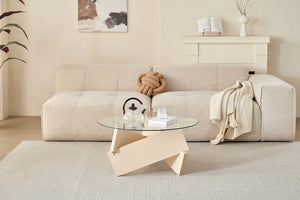 English Elm Modern Round Oak Base Coffee Table with Tempered Glass Top for Living Rooms W1718P504999