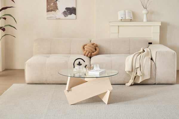 English Elm Modern Round Oak Base Coffee Table with Tempered Glass Top for Living Rooms W1718P504999