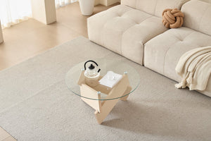 English Elm Modern Round Oak Base Coffee Table with Tempered Glass Top for Living Rooms W1718P504999