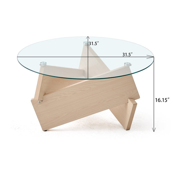 English Elm Modern Round Oak Base Coffee Table with Tempered Glass Top for Living Rooms W1718P504999