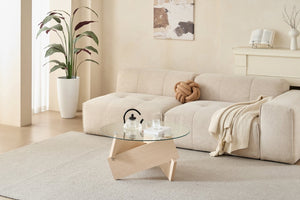 English Elm Modern Round Oak Base Coffee Table with Tempered Glass Top for Living Rooms W1718P504999