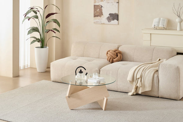 English Elm Modern Round Oak Base Coffee Table with Tempered Glass Top for Living Rooms W1718P504999