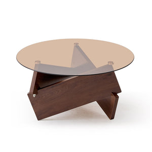 English Elm Modern Round Glass Top Coffee Table Solid Oak Base Farmhouse Living Room Accent W1718P505007