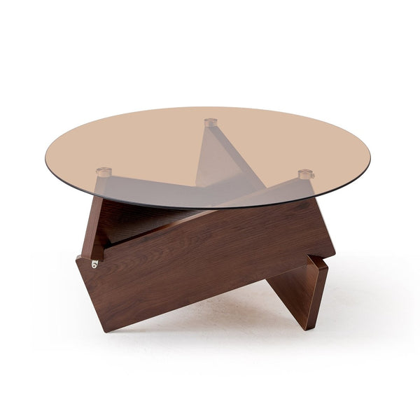 English Elm Modern Round Glass Top Coffee Table Solid Oak Base Farmhouse Living Room Accent W1718P505007