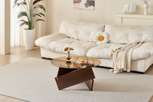 English Elm Modern Round Glass Top Coffee Table Solid Oak Base Farmhouse Living Room Accent W1718P505007