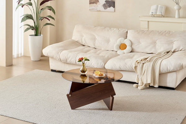 English Elm Modern Round Glass Top Coffee Table Solid Oak Base Farmhouse Living Room Accent W1718P505007