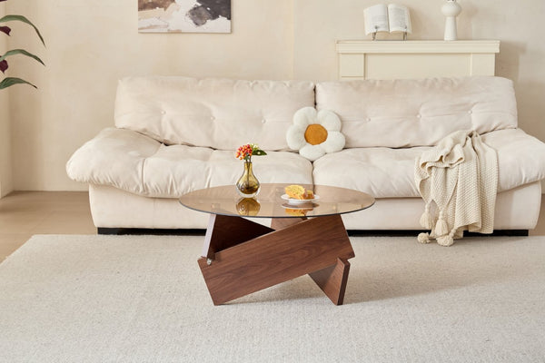 English Elm Modern Round Glass Top Coffee Table Solid Oak Base Farmhouse Living Room Accent W1718P505007