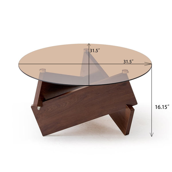 English Elm Modern Round Glass Top Coffee Table Solid Oak Base Farmhouse Living Room Accent W1718P505007