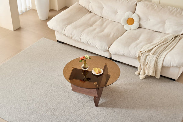 English Elm Modern Round Glass Top Coffee Table Solid Oak Base Farmhouse Living Room Accent W1718P505007