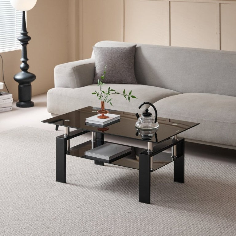 English Elm Tempered Black Glass Two Tier Coffee Table with Metal Frame for Modern Living Rooms W1718P508644