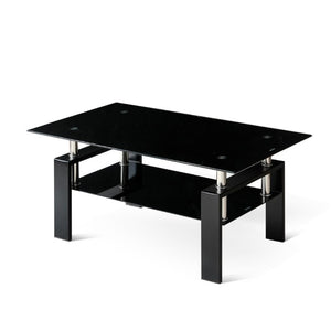 English Elm Tempered Black Glass Two Tier Coffee Table with Metal Frame for Modern Living Rooms W1718P508644