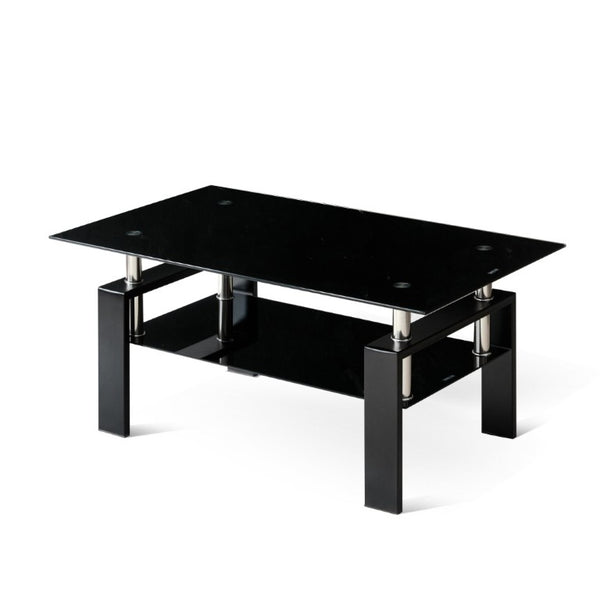 English Elm Tempered Black Glass Two Tier Coffee Table with Metal Frame for Modern Living Rooms W1718P508644