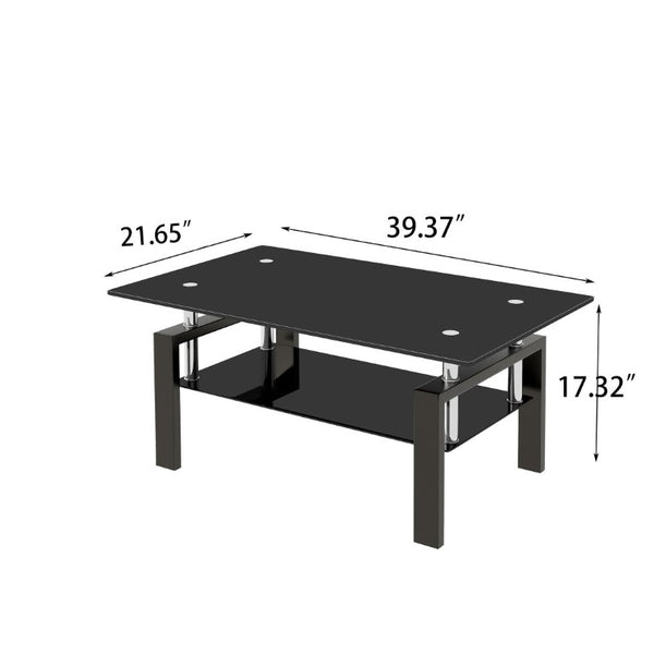 English Elm Tempered Black Glass Two Tier Coffee Table with Metal Frame for Modern Living Rooms W1718P508644