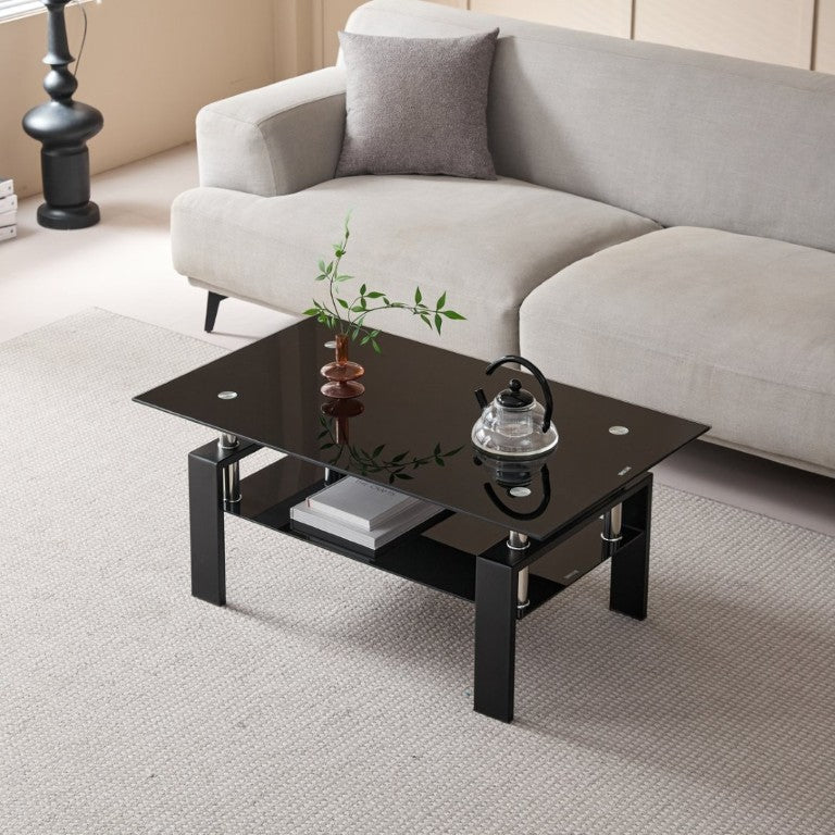 English Elm Tempered Black Glass Two Tier Coffee Table with Metal Frame for Modern Living Rooms W1718P508644