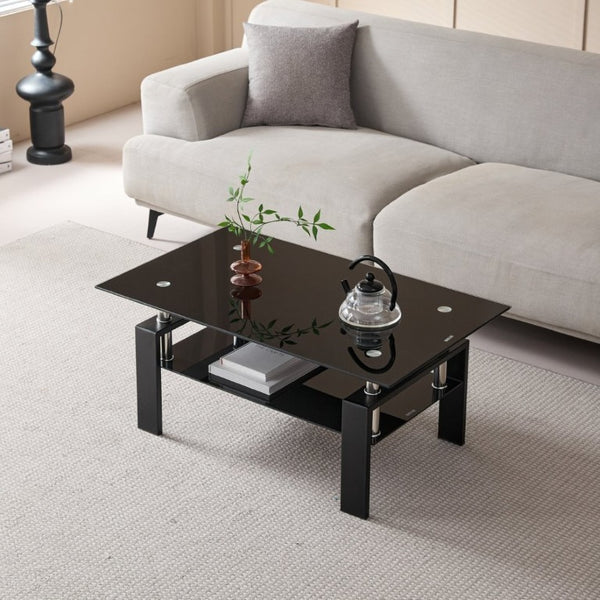 English Elm Tempered Black Glass Two Tier Coffee Table with Metal Frame for Modern Living Rooms W1718P508644