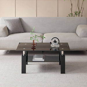 English Elm Tempered Black Glass Two Tier Coffee Table with Metal Frame for Modern Living Rooms W1718P508644