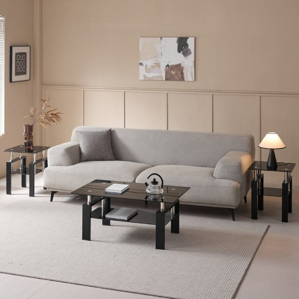 English Elm Tempered Black Glass Two Tier Coffee Table with Metal Frame for Modern Living Rooms W1718P508644