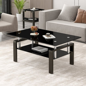 English Elm Tempered Black Glass Two Tier Coffee Table with Metal Frame for Modern Living Rooms W1718P508644