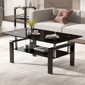 English Elm Tempered Black Glass Two Tier Coffee Table with Metal Frame for Modern Living Rooms W1718P508644