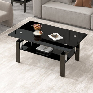 English Elm Tempered Black Glass Two Tier Coffee Table with Metal Frame for Modern Living Rooms W1718P508644