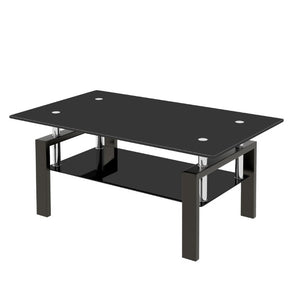 English Elm Tempered Black Glass Two Tier Coffee Table with Metal Frame for Modern Living Rooms W1718P508644